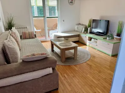a living room with a couch and a tv at Apartman - Hani in Rakovica