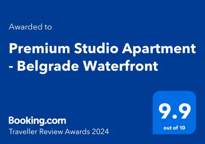 a blue sign that reads premium studio apartment belgrade apartment at Premium Studio Apartment - Belgrade Waterfront in Sajmište