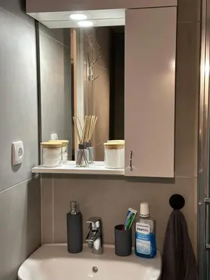 a bathroom with a sink with a mirror and a sink at TRIANGLE CITY Apartment 1 in Belgrade