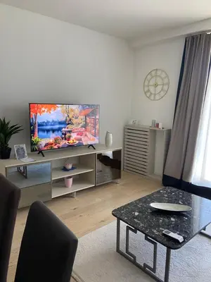 a living room with a flat screen tv and a table at ForS Belgrade Waterfront in Belgrade