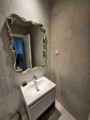 a bathroom with a white sink and a mirror at ForS Belgrade Waterfront in Belgrade