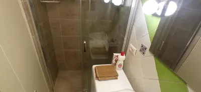 a bathroom with a shower with a toilet and a sink at Belgrade St Sava Temple Hram in Belgrade