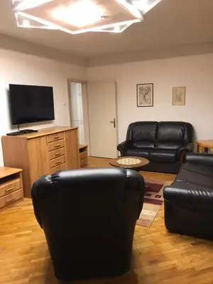 a living room with black leather furniture and a flat screen tv at Bulevar NT Novi Beograd, Zemun in Belgrade