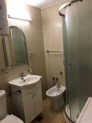 a bathroom with a sink and a toilet and a shower at Bulevar NT Novi Beograd, Zemun in Belgrade