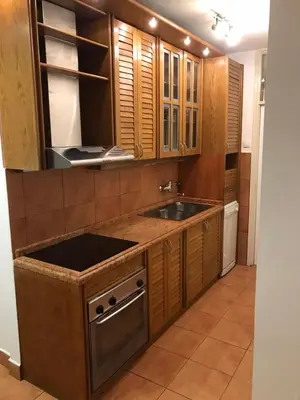 a kitchen with wooden cabinets and a sink at Bulevar NT Novi Beograd, Zemun in Belgrade