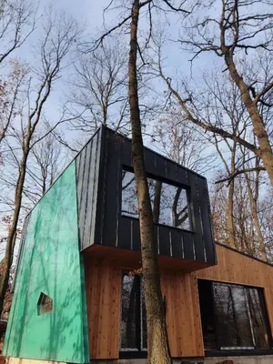 a tree house with a glass facade at Studio Žbun - Kuća na Avali in Pavi°evac