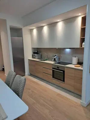 a kitchen with wooden cabinets and stainless steel appliances at MarijaN Belgrade Waterfront in Sajmište