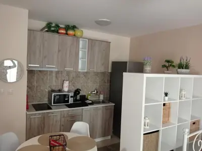 a kitchen with wooden cabinets and a table and a microwave at NMD Apartments in Zvezdara