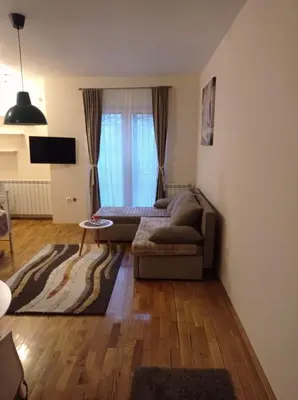 a living room with a couch and a window at NMD Apartments in Zvezdara