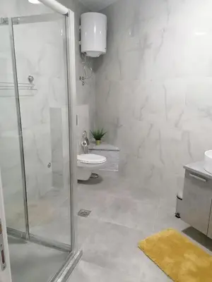 a bathroom with a shower and a toilet and a sink at Apartman Kedar in Arandjelovac