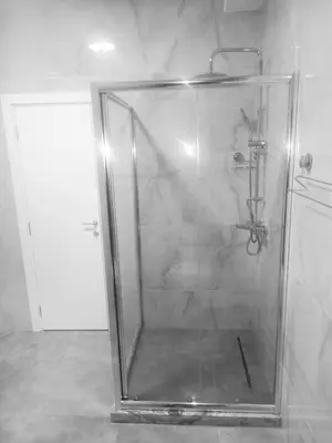 a shower with a glass door in a bathroom at Apartman Kedar in Arandjelovac