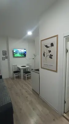 a living room with a table and a tv on a wall at Gepratova Apartment in Belgrade