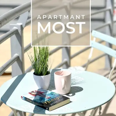 a table with a book and a plant on it at Most apartman in Ruma