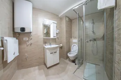 a bathroom with a toilet and a shower and a sink at Pegasus apartments in Belgrade
