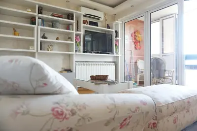 a living room with a couch and a tv at Dolce Vita Apartment in Belgrade