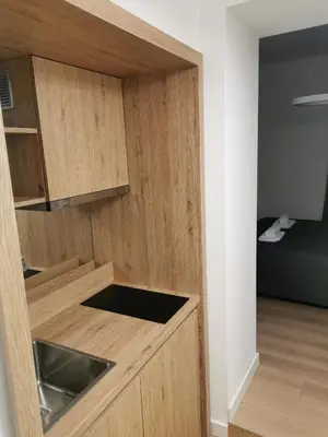 a kitchen with a counter with a sink at BG Exclusive Suites in Belgrade