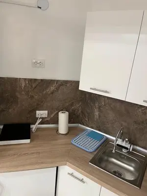 a kitchen with a sink and a counter top at Apartman Dunja S in Belgrade