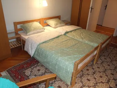 two twin beds in a room with a rug at Georgina in Rospi Ćuprija