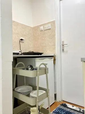 a kitchen with a stove and a shelf with plates at Panorama Royal Vračar in Vračar (historical)
