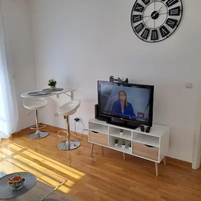 a living room with a television and a clock on the wall at Manhattan apartman Zumbul Belvil in Belgrade