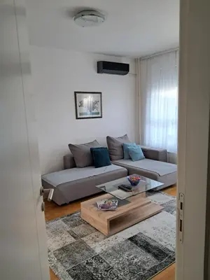 a living room with a couch and a coffee table at Manhattan apartman Zumbul Belvil in Belgrade