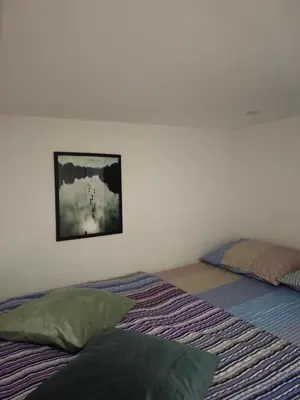 a bedroom with two beds and a picture on the wall at Dunja Apartmans in Belgrade
