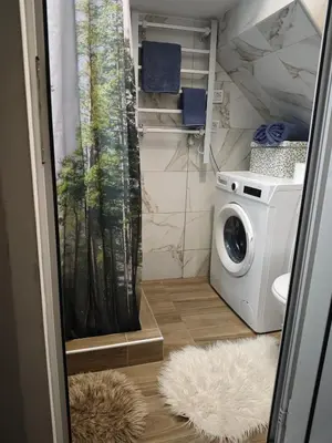 a laundry room with a washing machine and a shower curtain at Dunja Apartmans in Belgrade