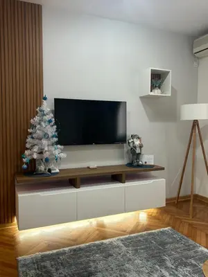 a living room with a television and a christmas tree at Dorotea Lux in Belgrade