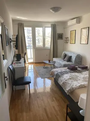 a living room with a bed and a couch at Apartment Bruno NICE PLACE in Belgrade