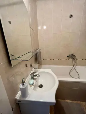 a bathroom with a sink and a bath tub at Apartment ARENA 28 in Belgrade
