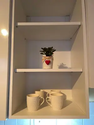 a cupboard with two cups and a potted plant at Apartman Helena in Lazarevac