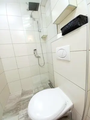 a white bathroom with a toilet and a shower at GENIUS APARTMENT in Belgrade