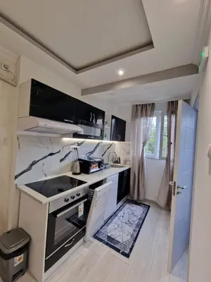 a small kitchen with a stove and a sink at AT Mirror in Voždovac