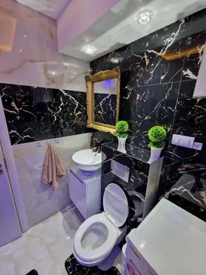 a bathroom with a white toilet and a sink at AT Mirror in Voždovac