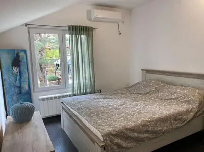 a bedroom with a large bed and a window at Vila Ruža Vetra in Belgrade