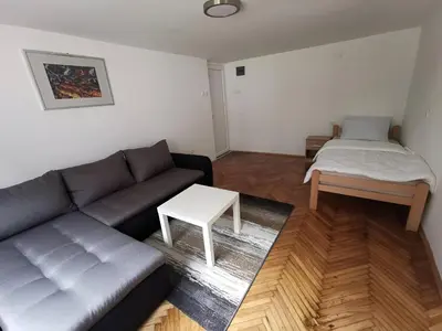 a living room with a couch and a bed at Nov apartman u mirnoj ulici u centru Beograda in Belgrade