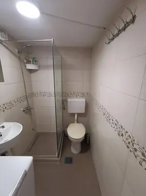a bathroom with a toilet and a shower and a sink at Nov apartman u mirnoj ulici u centru Beograda in Belgrade