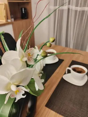 a vase of white flowers on a table with a cup of coffee at La Vista in Stari Banovci