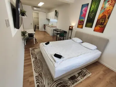 a bedroom with a large white bed in a room at Zarkovo in Belgrade