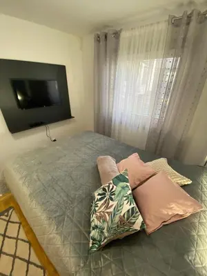 a bedroom with a bed with two pillows and a television at Santa Barbara Apartment in Belgrade