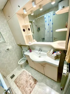 a bathroom with a sink and a shower and a mirror at Santa Barbara Apartment in Belgrade