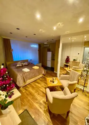 a bedroom with a bed and a christmas tree in it at Santa Barbara Apartment in Belgrade