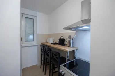 a small kitchen with a counter and a sink at Belgrade Center Apartment Skadarlija III in Belgrade
