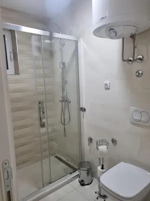 a bathroom with a shower and a toilet at stan Slavija in Sajmište