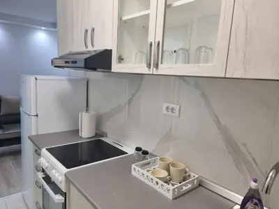 a small kitchen with white cabinets and a counter top at stan Slavija in Sajmište