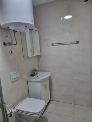 a small bathroom with a toilet and a shower at stan Slavija in Sajmište