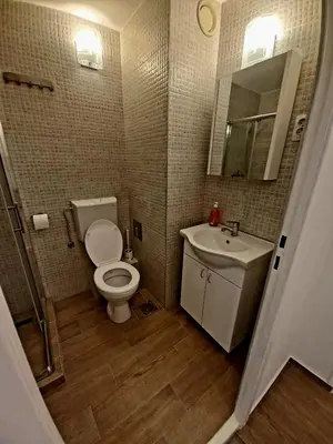 a small bathroom with a toilet and a sink at Sancho Leone in Belgrade