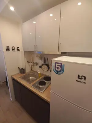 a small kitchen with a sink and a refrigerator at Sancho Leone in Belgrade