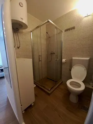 a bathroom with a shower and a toilet with a glass door at Sancho Leone in Belgrade
