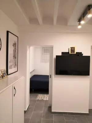 a living room with a large tv and a bed at Bibi Zahumska apartman in Belgrade